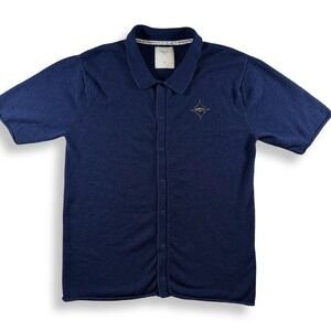 Percival Mens XL Navy Blue Terry Knit Short Sleeve Button Down Shirt‎ Logo A426